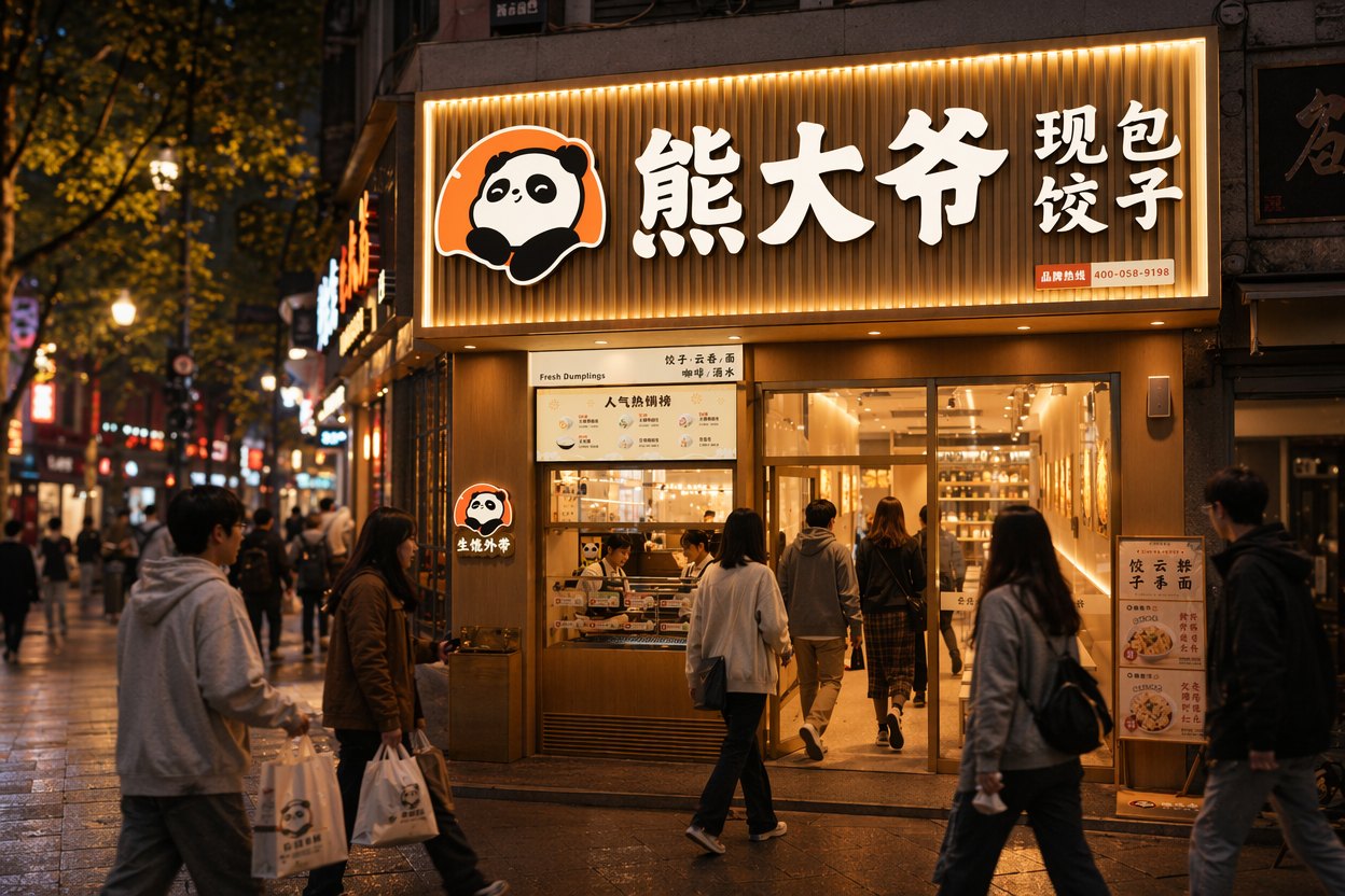 夜晚社区街角，暖光中的熊大爷门店